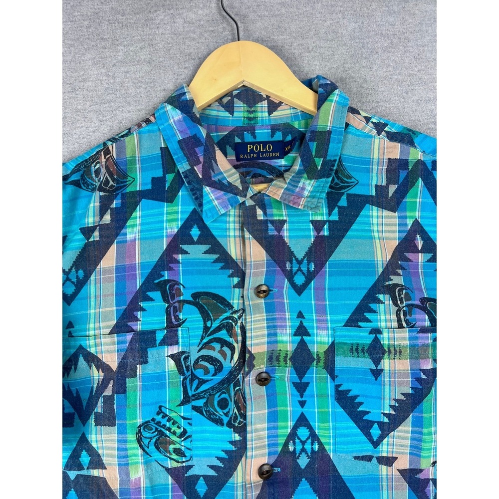 Polo Ralph Lauren Mens XXL Blue Plaid Southwestern Tribal Eagle Print Shirt NWT